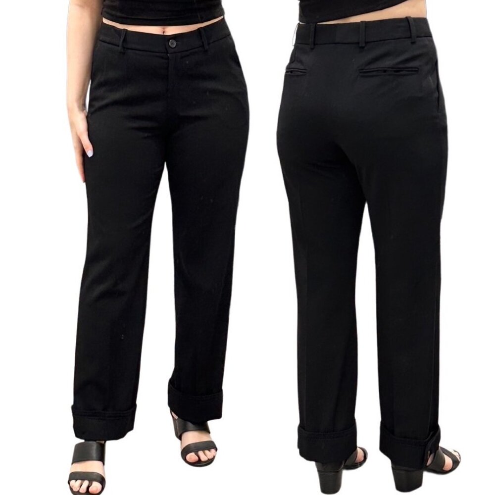 Yves Saint Laurent Rive Gauche Cuffed Detail Wool Straight Leg Trouser Pants Blk